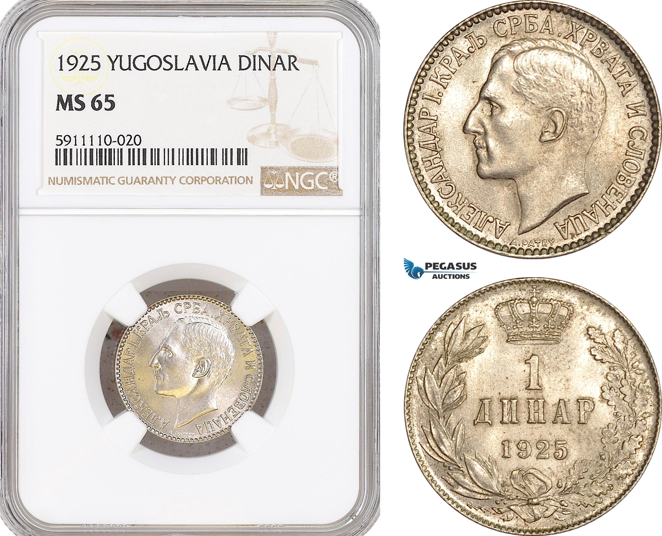 AF825, Yugoslavia, Alexander I, 1 Dinar 1925, NGC MS65