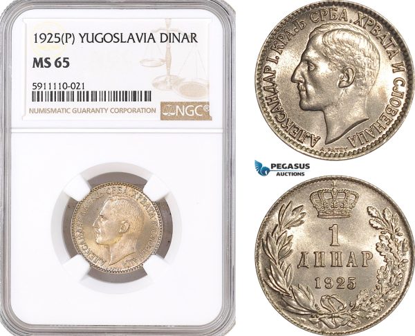 AF826, Yugoslavia, Alexander I, 1 Dinar 1925 (P), NGC MS65, Pop 1/1