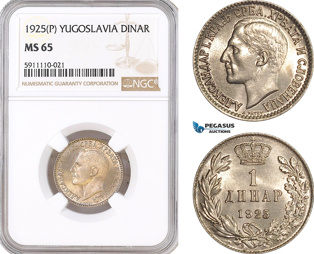 AF826, Yugoslavia, Alexander I, 1 Dinar 1925 (P), NGC MS65, Pop 1/1