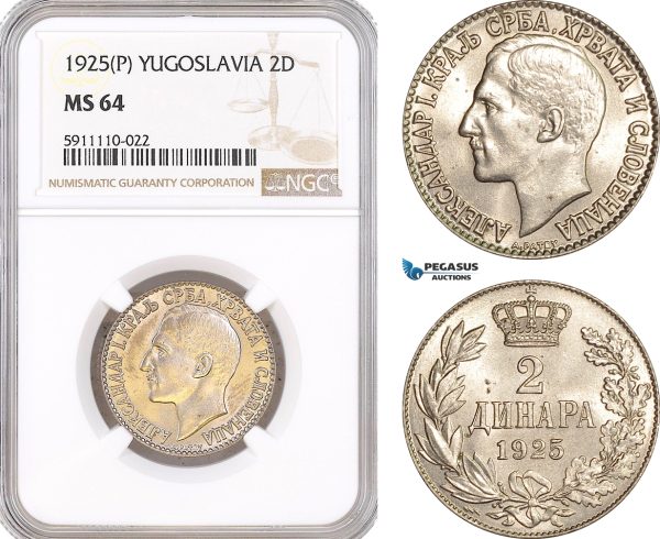 AF827, Yugoslavia, Alexander I, 2 Dinara 1925 (P), NGC MS64