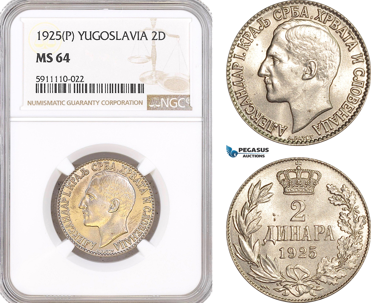 AF827, Yugoslavia, Alexander I, 2 Dinara 1925 (P), NGC MS64