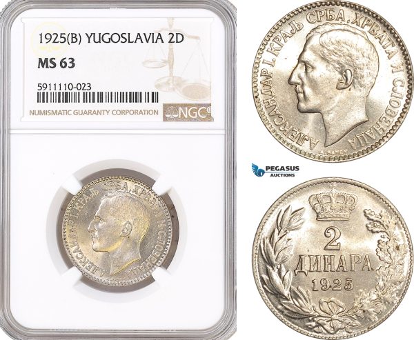 AF828, Yugoslavia, Alexander I, 2 Dinara 1925 (B), NGC MS63