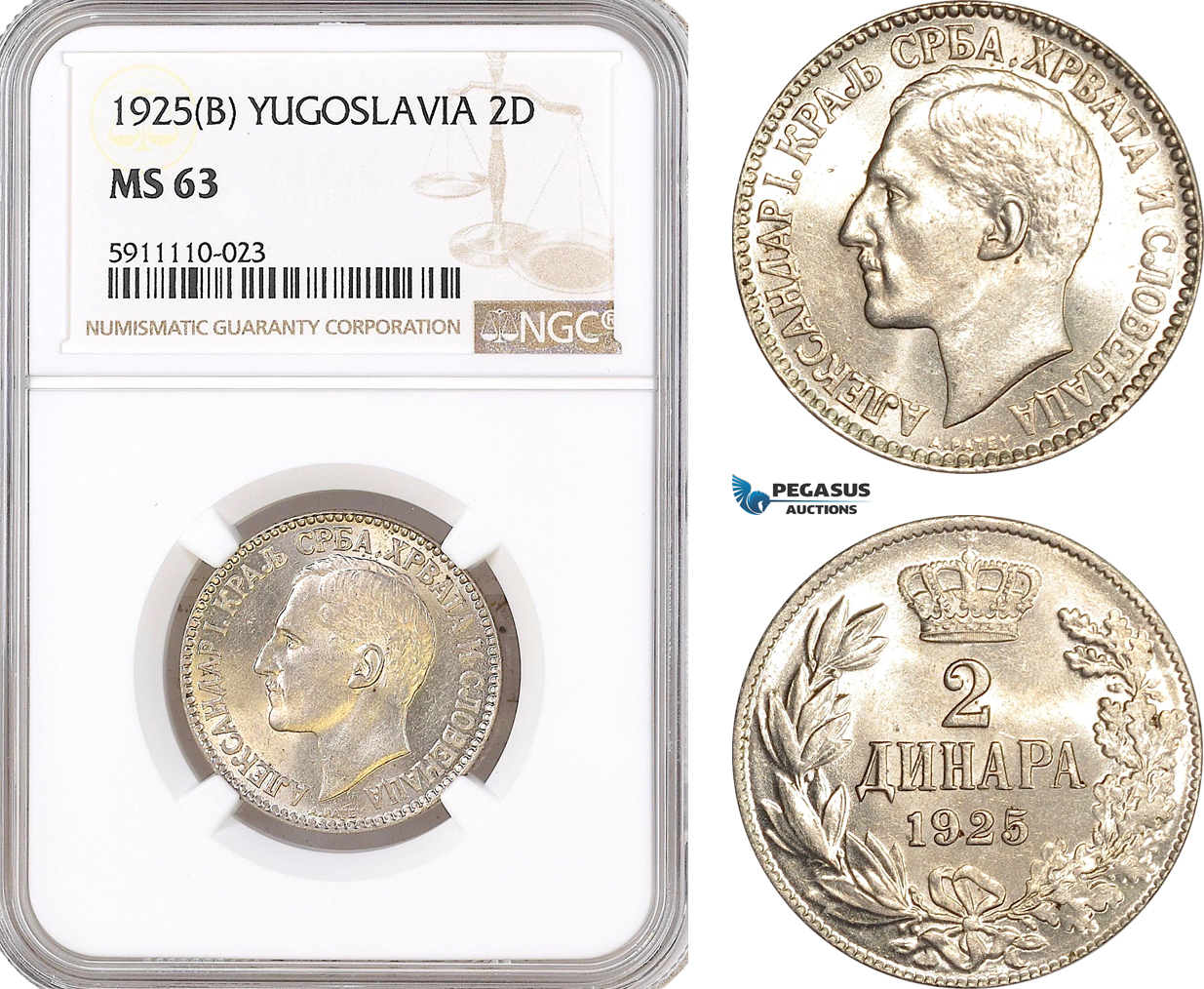 AF828, Yugoslavia, Alexander I, 2 Dinara 1925 (B), NGC MS63