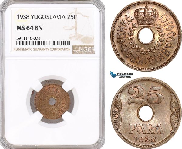 AF829, Yugoslavia, Petar II, 25 Para 1938, NGC MS64BN