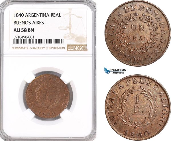 AF830, Argentina, Buenos Aires, Real 1840, NGC AU58BN