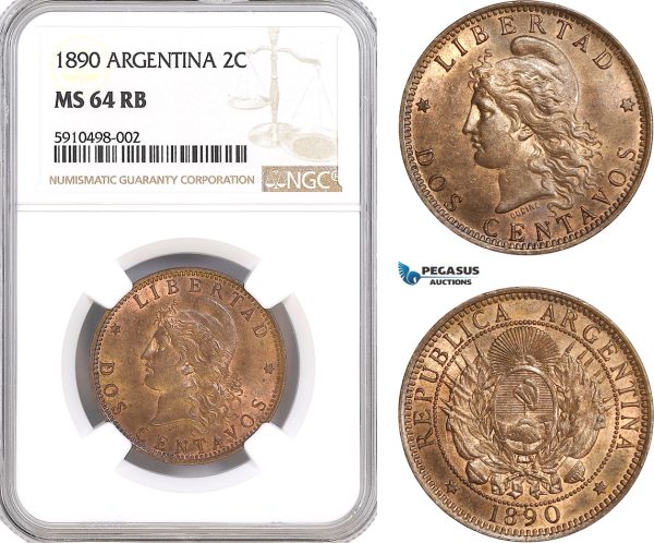 AF831, Argentina, 2 Centavos 1890, NGC MS64RB