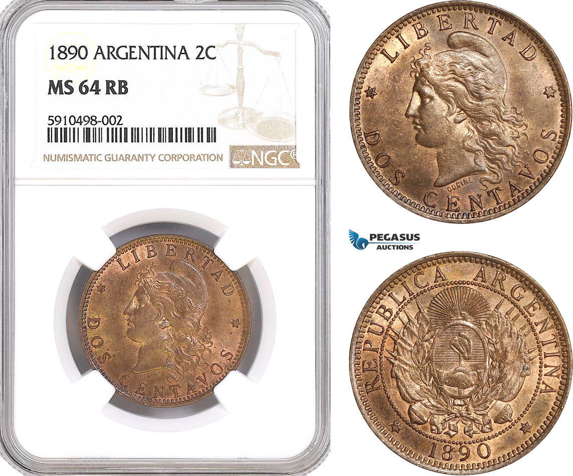 AF831, Argentina, 2 Centavos 1890, NGC MS64RB