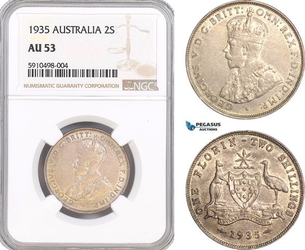 AF832, Australia, George V, 2 Shillings 1935, Silver, NGC AU53