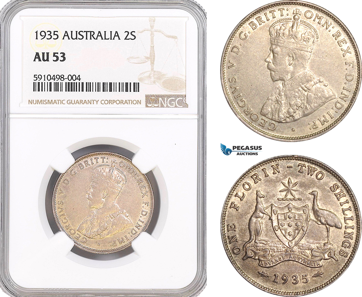 AF832, Australia, George V, 2 Shillings 1935, Silver, NGC AU53