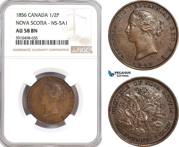AF858, Canada, Nova Scotia, Victoria, 1/2 Penny Token 1856, NS-5A1, NGC AU58BN