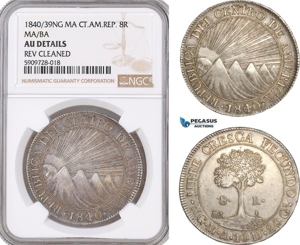 AF859, Central American Republic, Guatemala, 8 Reales 1840/39 NG MA, Nueva Guatemala, Silver, NGC AU Det.