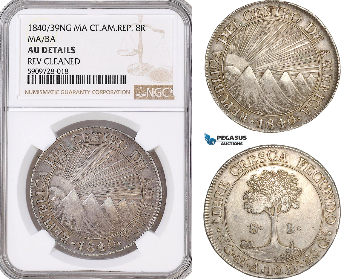 AF859, Central American Republic, Guatemala, 8 Reales 1840/39 NG MA, Nueva Guatemala, Silver, NGC AU Det.