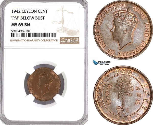 AF860, Ceylon, George VI, 1 Cent 1942, "PM" Below Bust, NGC MS65BN, Pop 2/0