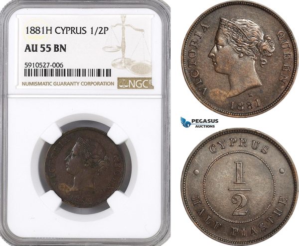AF871, Cyprus, Victoria, 1/2 Piastre 1881-H, Heaton, NGC AU55BN