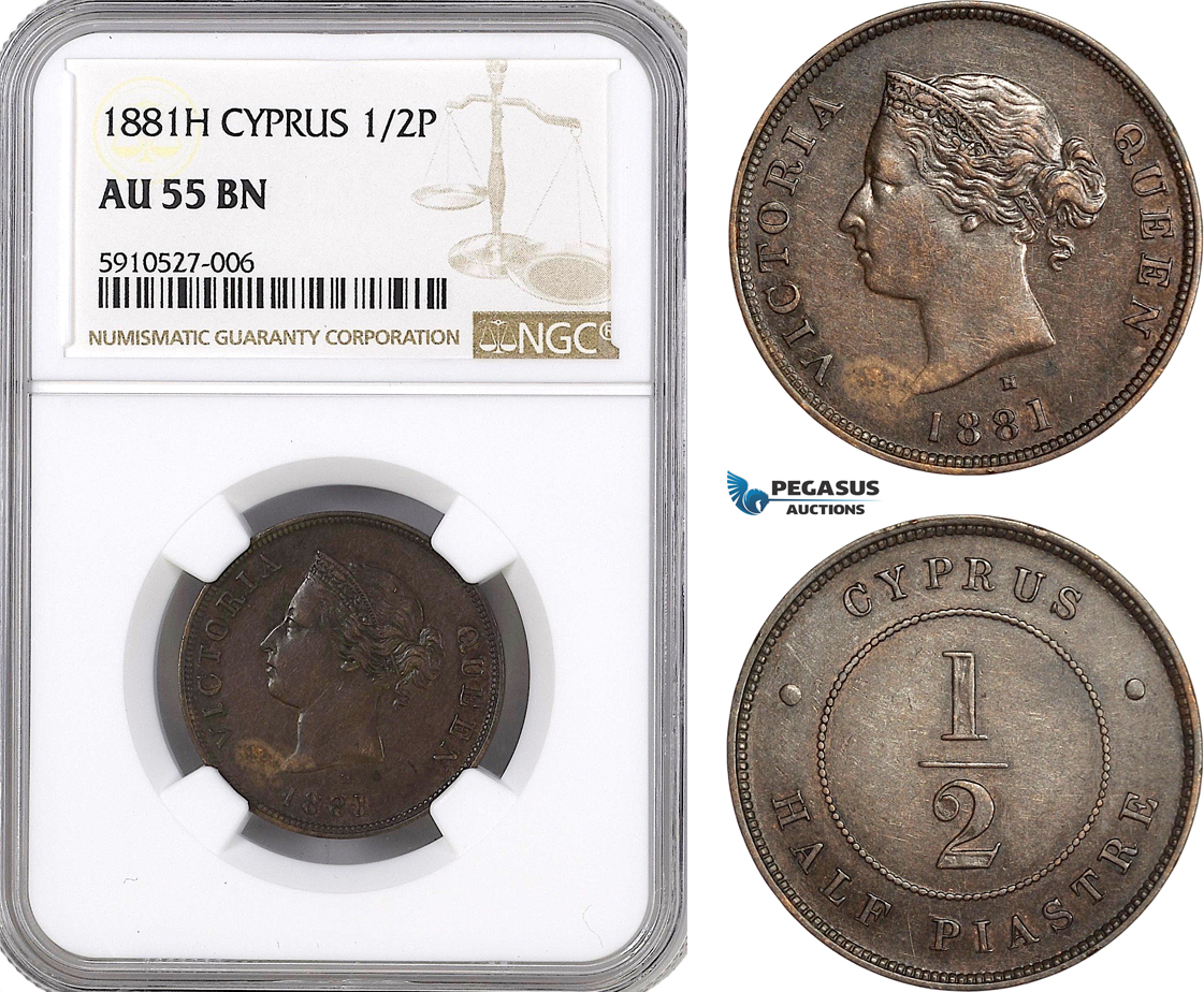 AF871, Cyprus, Victoria, 1/2 Piastre 1881-H, Heaton, NGC AU55BN