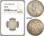 AF872, Cyprus, George V, 9 Piastres 1919, London, Silver, NGC AU53
