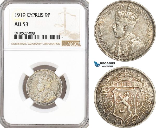 AF872, Cyprus, George V, 9 Piastres 1919, London, Silver, NGC AU53