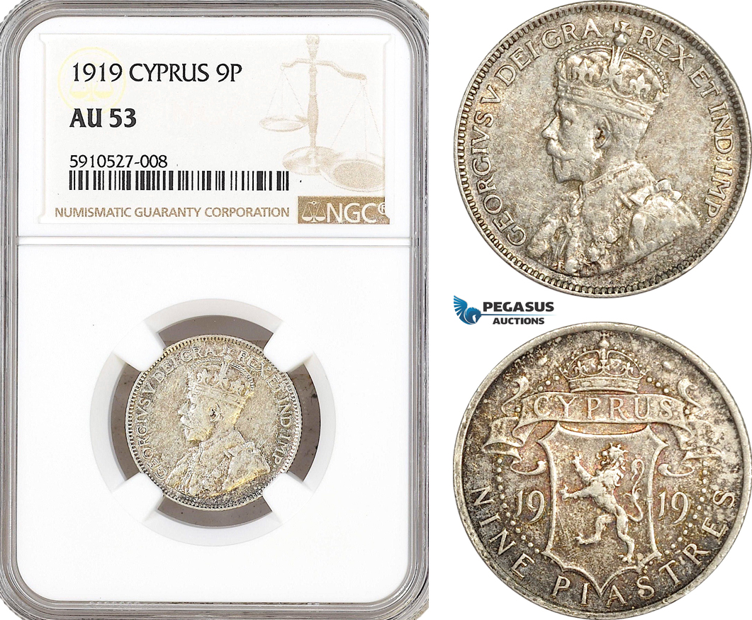 AF872, Cyprus, George V, 9 Piastres 1919, London, Silver, NGC AU53