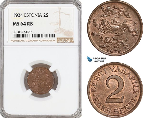 AF885, Estonia, 2 Senti 1934, NGC MS64RB