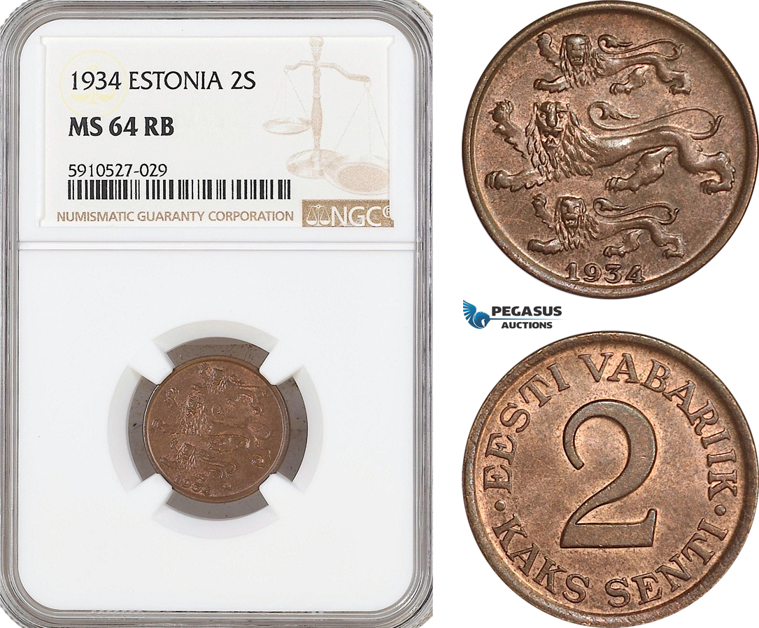 AF885, Estonia, 2 Senti 1934, NGC MS64RB