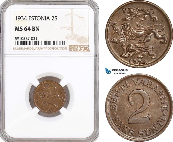 AF887, Estonia, 2 Senti 1934, NGC MS64BN