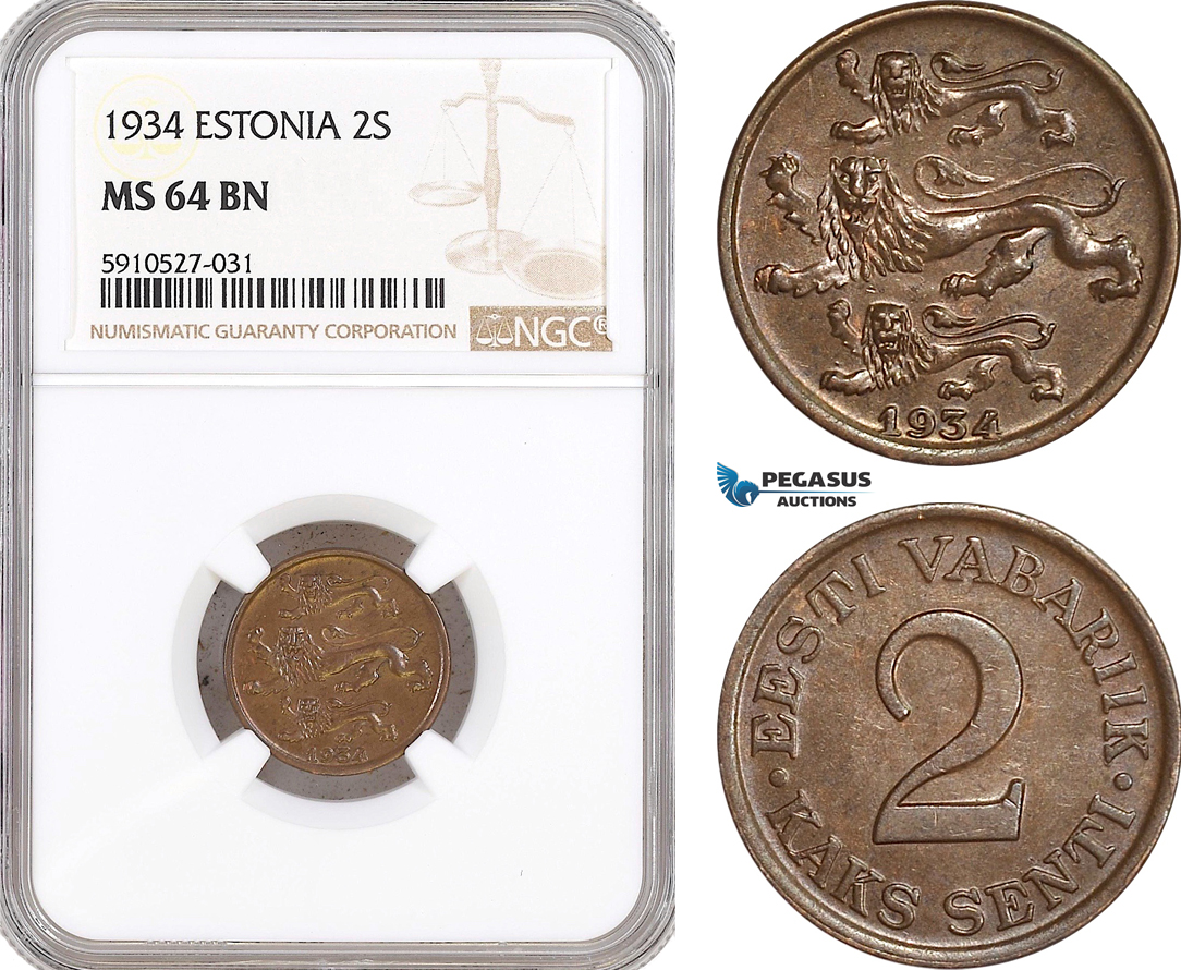 AF887, Estonia, 2 Senti 1934, NGC MS64BN