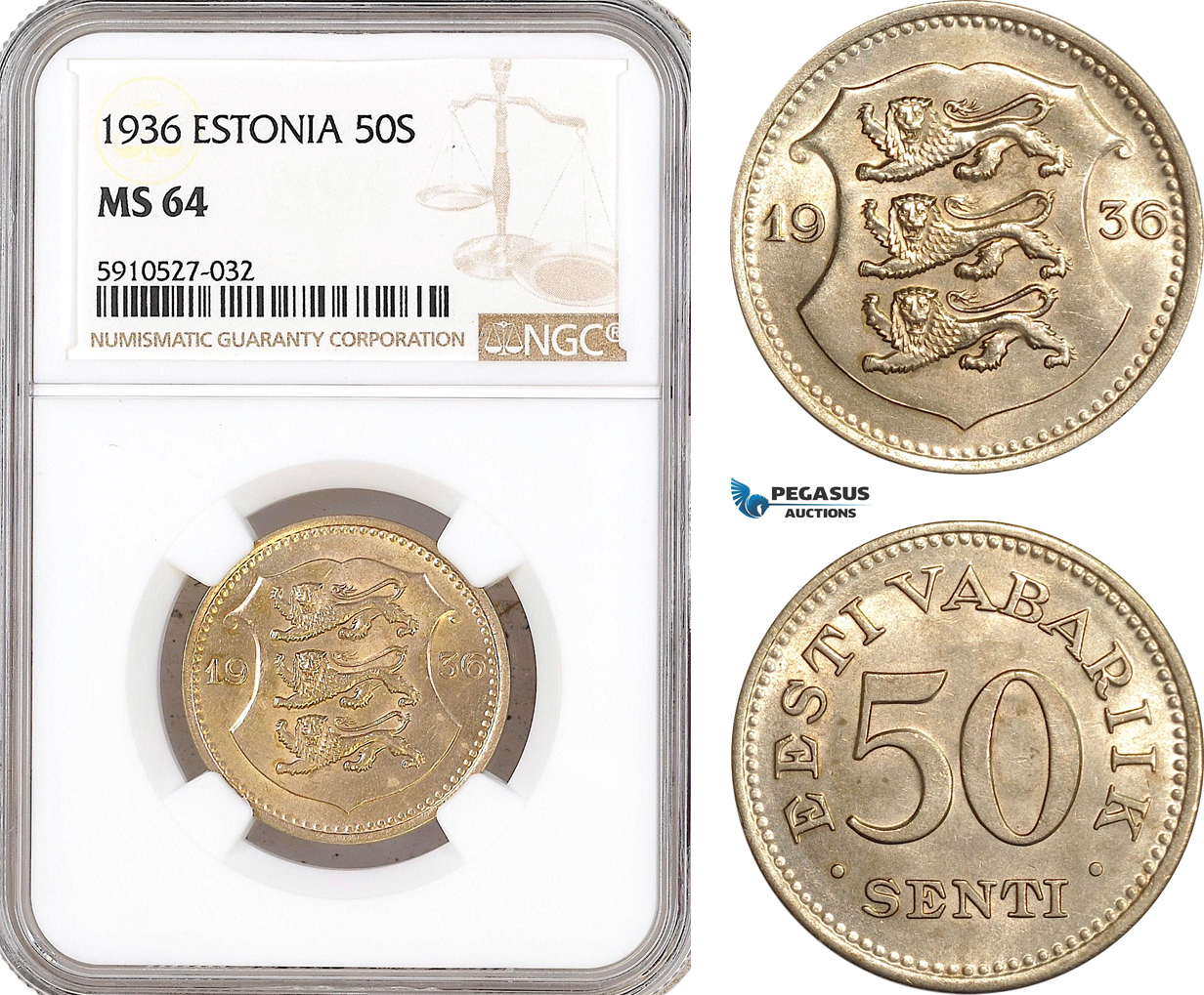 AF888, Estonia, 50 Senti 1936, NGC MS64