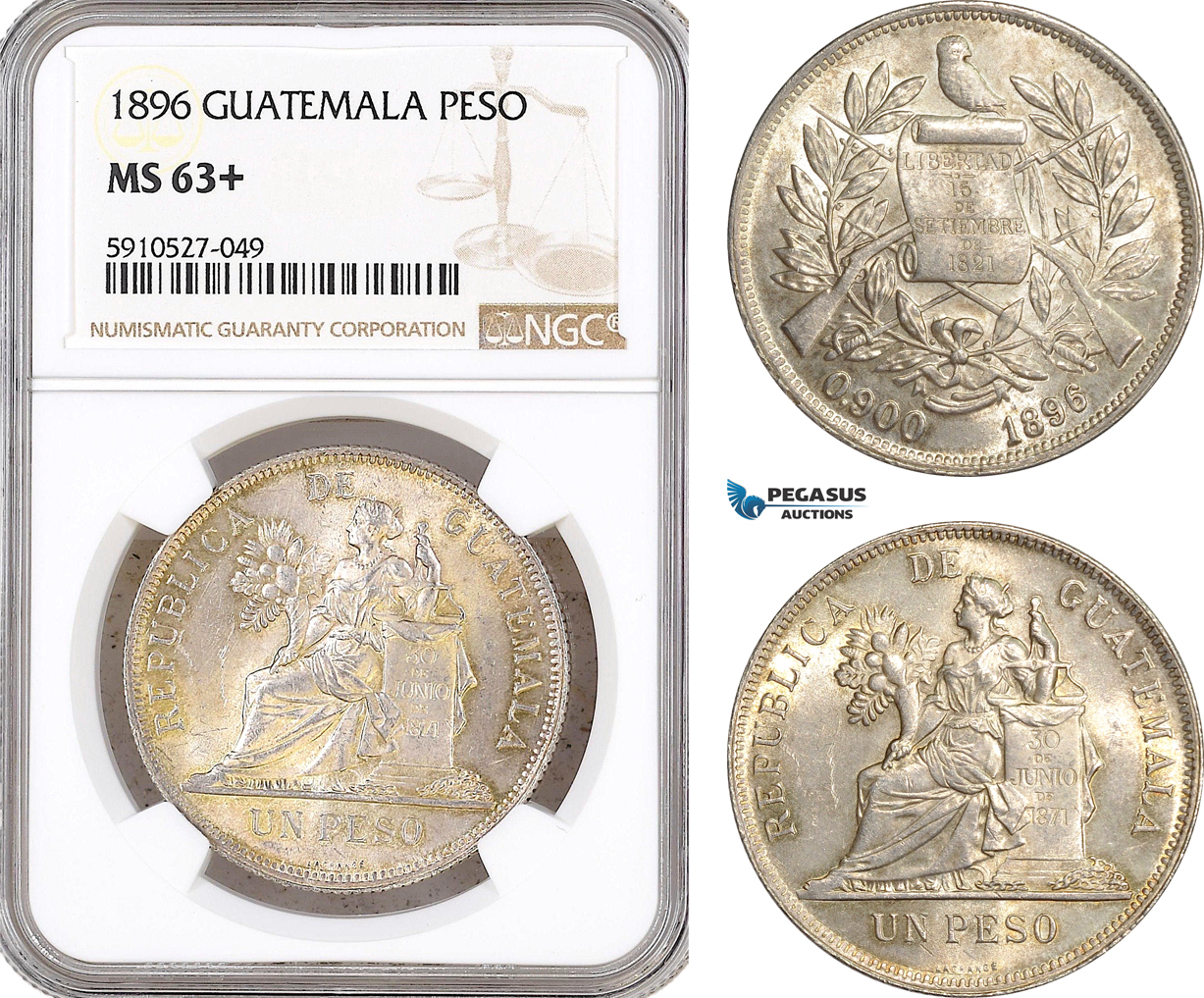 AF906, Guatemala, Peso 1896, Silver, NGC MS63+