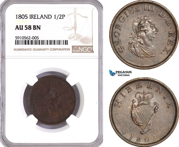AF911, Ireland, George III, Half­ Penny 1805, Soho (Birmingham) Copper, NGC AU58BN
