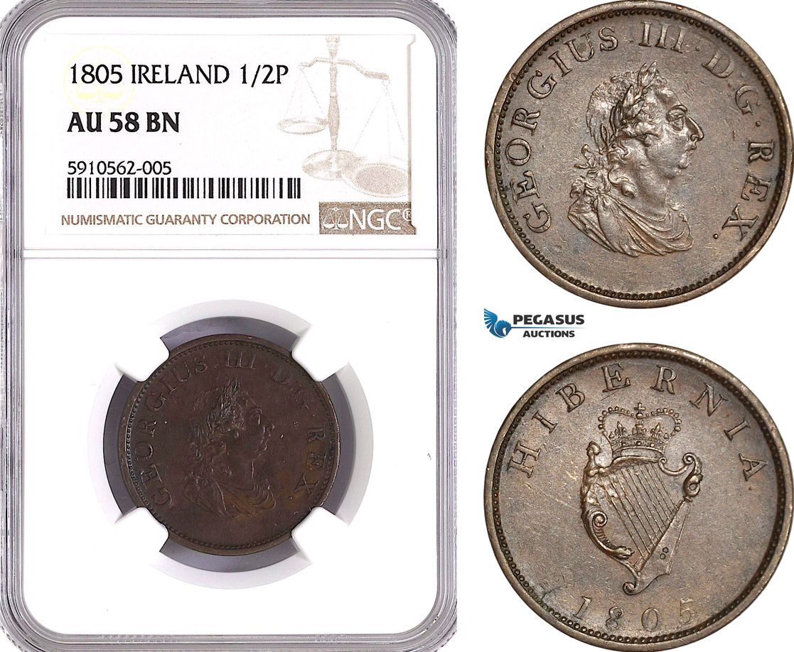 AF911, Ireland, George III, Half­ Penny 1805, Soho (Birmingham) Copper, NGC AU58BN