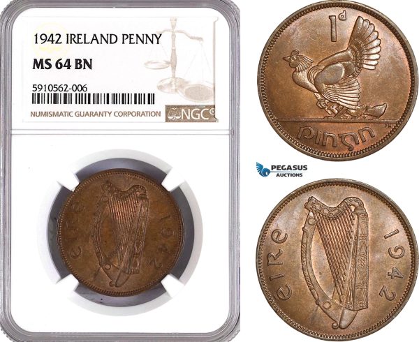 AF912, Ireland, 1 Penny 1942, NGC MS64BN