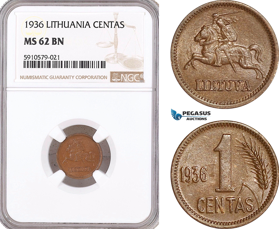 AF922, Lithuania, 1 Centas 1936, NGC MS62BN