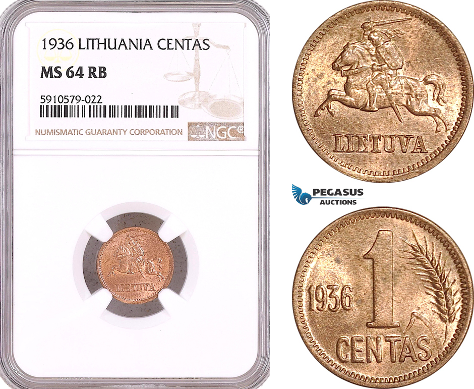 AF923, Lithuania, 1 Centas 1936, NGC MS64RB