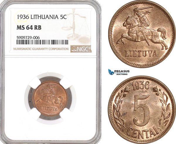 AF926, Lithuania, 5 Centai 1936, NGC MS64RB