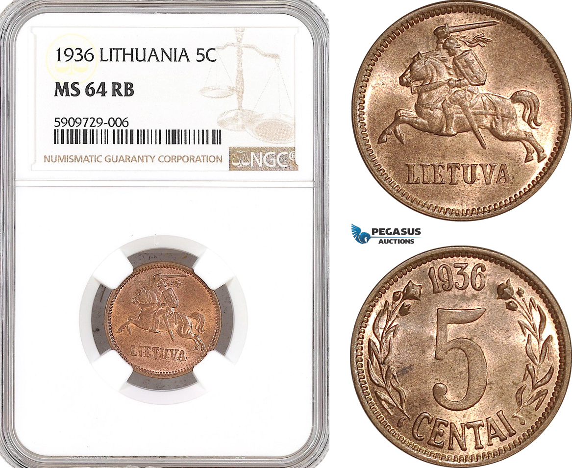 AF926, Lithuania, 5 Centai 1936, NGC MS64RB