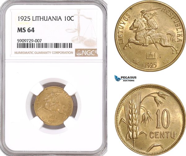 AF927, Lithuania, 10 Centu 1925, NGC MS64