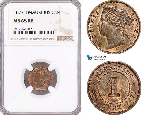 AF932, Mauritius, Victoria, 1 Cent 1877-H, Heaton, NGC MS65RB, Top POP!