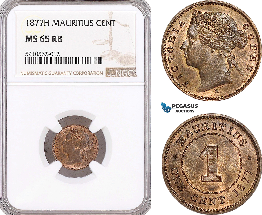 AF932, Mauritius, Victoria, 1 Cent 1877-H, Heaton, NGC MS65RB, Top POP!