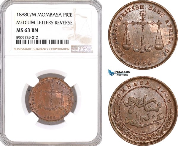 AF933, Mombasa, Pice 1888 C/M "Medium Letters Reverse" NGC MS63BN