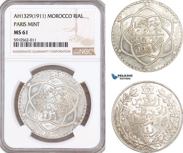 AF935, Morocco, Abd al-Hafiz, Rial AH1329 (1911) Paris, Silver, NGC MS61