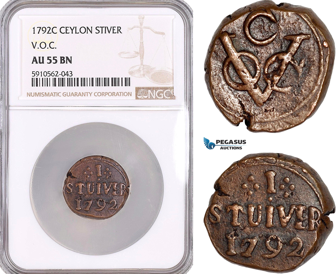 AF959, Netherlands East Indies, VOC, Ceylon (Sri Lanka), 1 Stiver 1792-C, VOC, NGC AU55BN, Pop 1/0