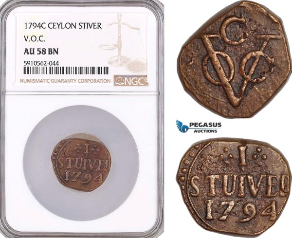AF960, Netherlands East Indies, VOC, Ceylon (Sri Lanka), 1 Stiver 1794-C, VOC, NGC AU58BN, Pop 1/0