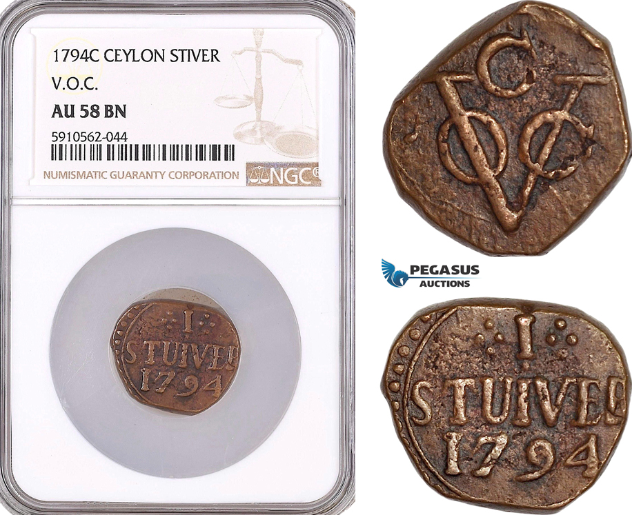 AF960, Netherlands East Indies, VOC, Ceylon (Sri Lanka), 1 Stiver 1794-C, VOC, NGC AU58BN, Pop 1/0