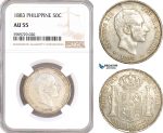 AF980, Philippines, Spanish Administration, Alfonso XII, 50 Centimos 1883, Silver, NGC AU55, Pop 2/0
