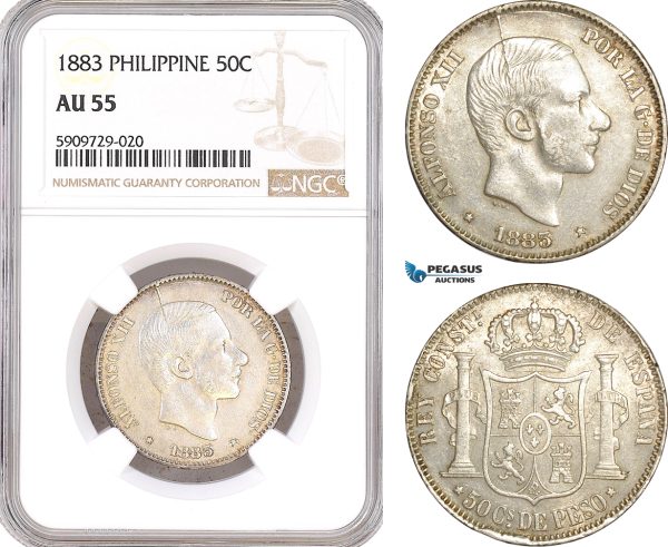 AF980, Philippines, Spanish Administration, Alfonso XII, 50 Centimos 1883, Silver, NGC AU55, Pop 2/0