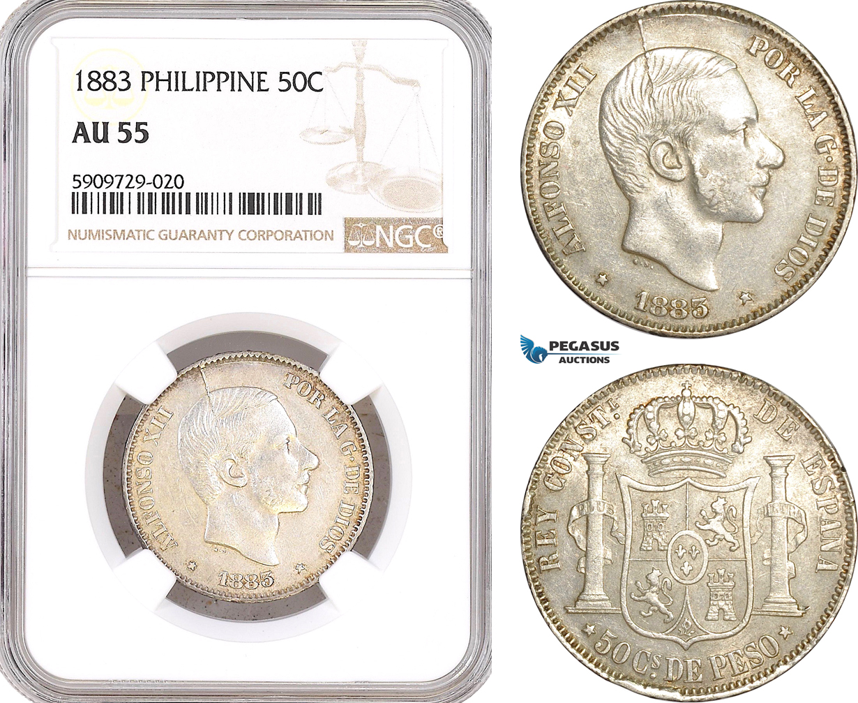 AF980, Philippines, Spanish Administration, Alfonso XII, 50 Centimos 1883, Silver, NGC AU55, Pop 2/0