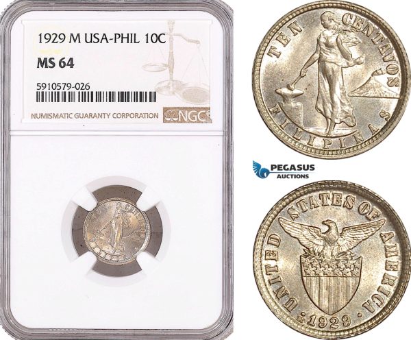 AF981, Philippines (US Administration) 10 Centavos 1929-M, Silver, NGC MS64