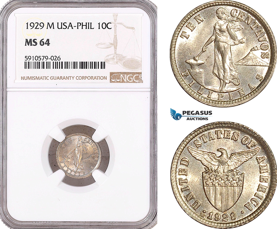 AF981, Philippines (US Administration) 10 Centavos 1929-M, Silver, NGC MS64