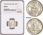 AF982, Philippines (US Administration) 20 Centavos 1929-M, Silver, NGC MS65, Pop 5/1
