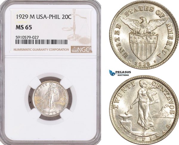 AF982, Philippines (US Administration) 20 Centavos 1929-M, Silver, NGC MS65, Pop 5/1